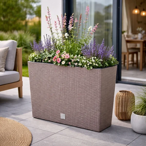 Jardiniera decorativa, imitatie ratan, cafeniu, 58x18x49.8 cm, Rato Case - imagine 3