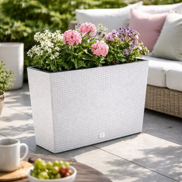 Jardiniera decorativa, imitatie ratan, alb, 58x18x49.8 cm, Rato Case - imagine 3
