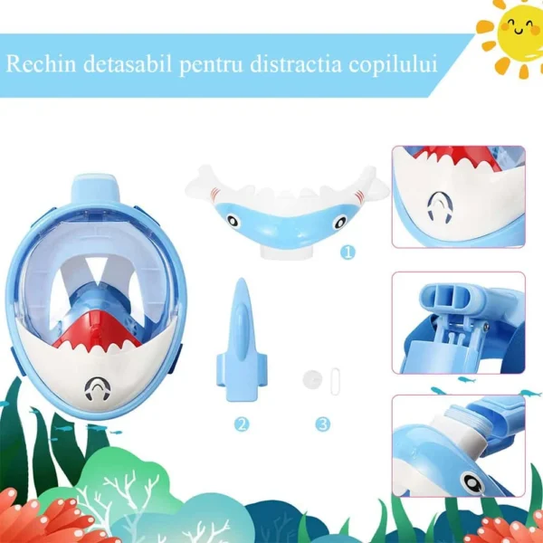 Masca snorkeling cu tub pentru copii model rechin, albastra - imagine 8