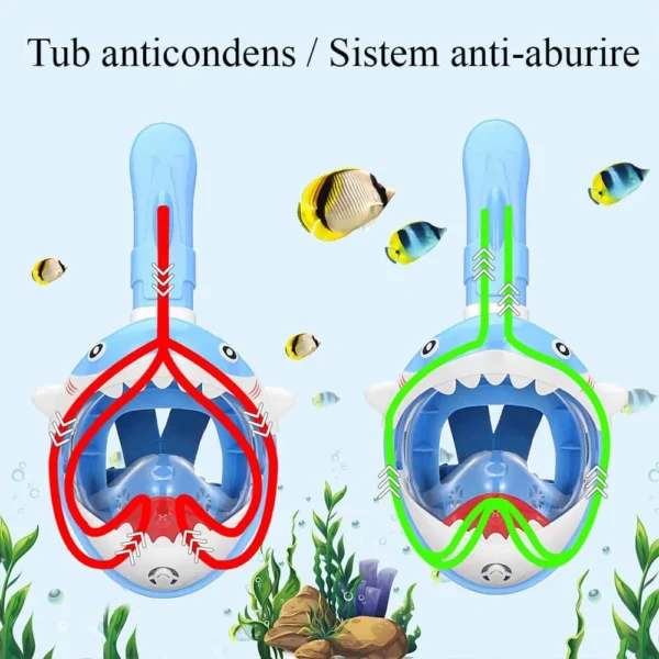 Masca snorkeling cu tub pentru copii model rechin, albastra - imagine 9