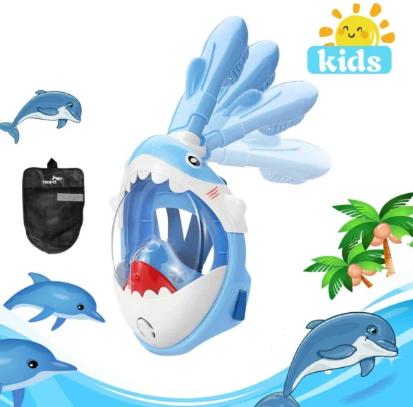 Masca snorkeling cu tub pentru copii model rechin, albastra - imagine 10