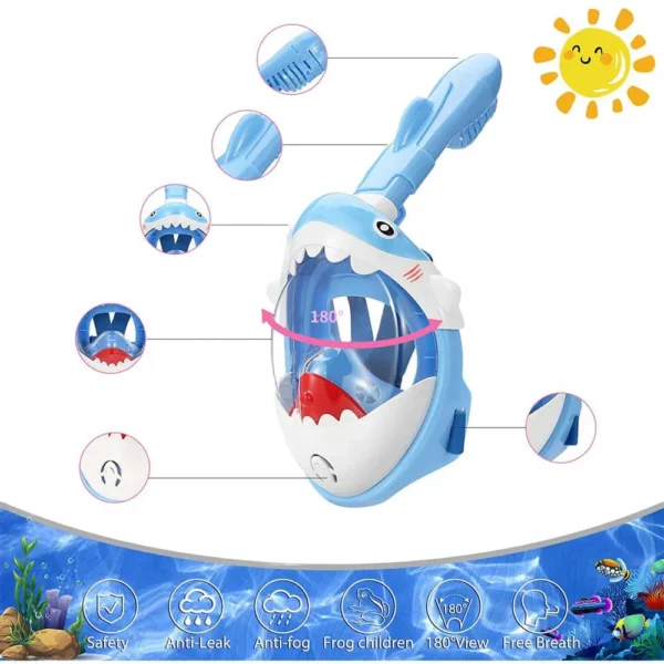Masca snorkeling cu tub pentru copii model rechin, albastra - imagine 11