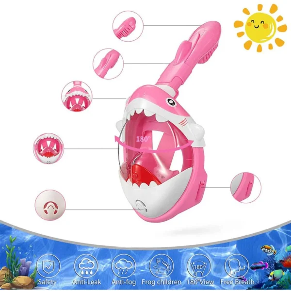Masca snorkeling cu tub pentru copii model rechin, roz - imagine 10