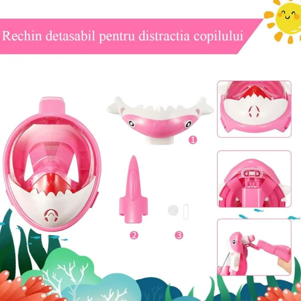 Masca snorkeling cu tub pentru copii model rechin, roz - imagine 8