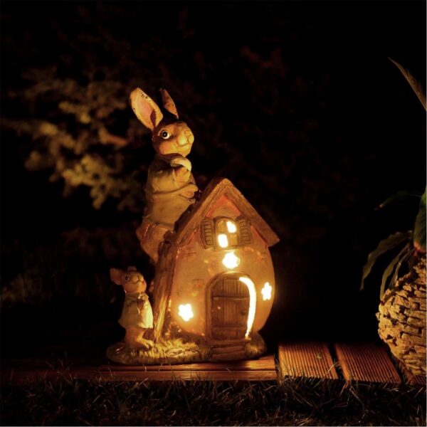 Decoratiune gradina, ceramica, LED, iepure cu casa, 31x22x48 cm - imagine 3