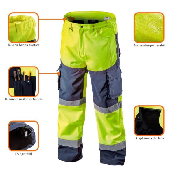 Pantaloni de lucru, reflectorizanti, impermeabili, galben, model Visibility, marimea XXL/58, NEO - imagine 6
