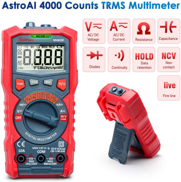 Multimetru digital AstroAI M4KOR, TRMS 4000, Ohmmetru, Voltmetru 1,5V   9V   12V, Masurare fara contact, Lanterna - imagine 2
