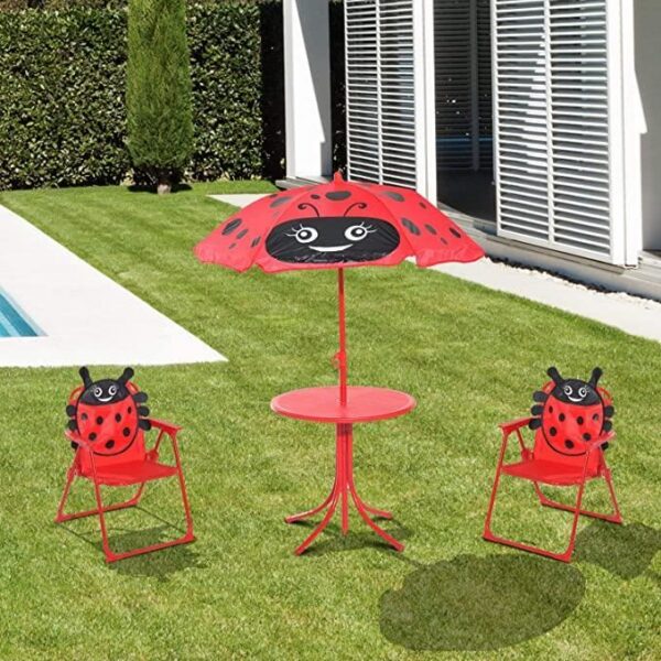 Set mobilier gradina/terasa pentru copii, pliabil, rosu, model buburuza, 1 masa cu umbrela, 2 scaune, Melisenda - imagine 4