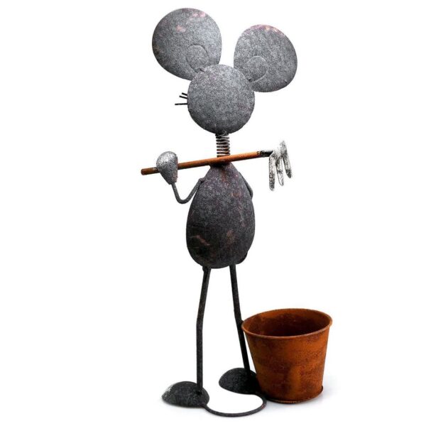 Decoratiune gradina, metalica, soarece cu galeata, 26x18x53 cm - imagine 3