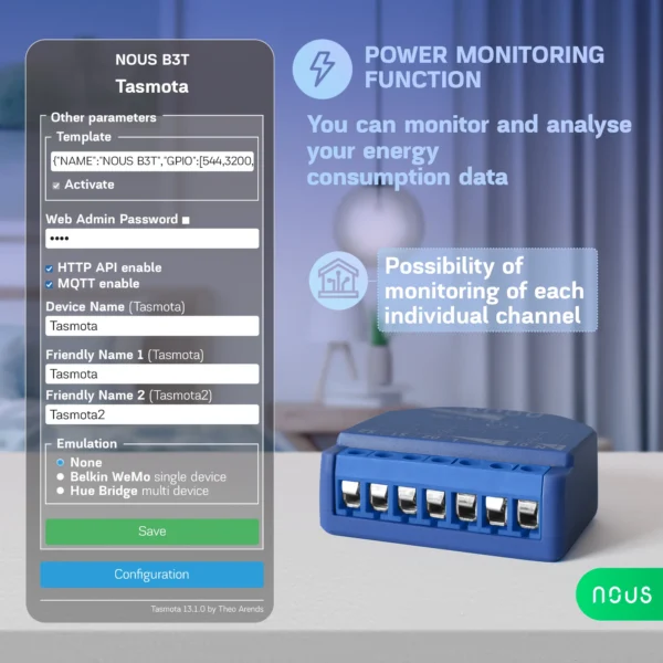 Releu wireless Nous B3T PM, 16A, Tasmota, Matter, Monitorizare energie,Modul Cortina - 2 canal, ESP32 - imagine 9