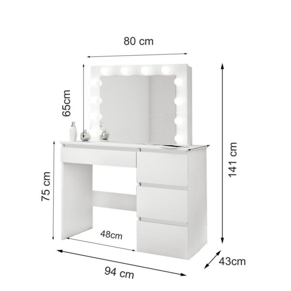 Masa de toaleta/machiaj, alba, cu oglinda si LED-uri, Irina, 94x43x141 cm - imagine 2