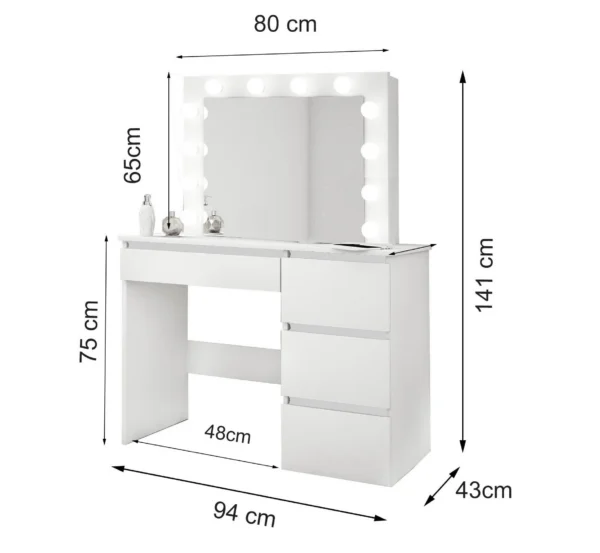 Masa de toaleta/machiaj, alba, cu oglinda si LED-uri, Irina, 94x43x141 cm - imagine 7