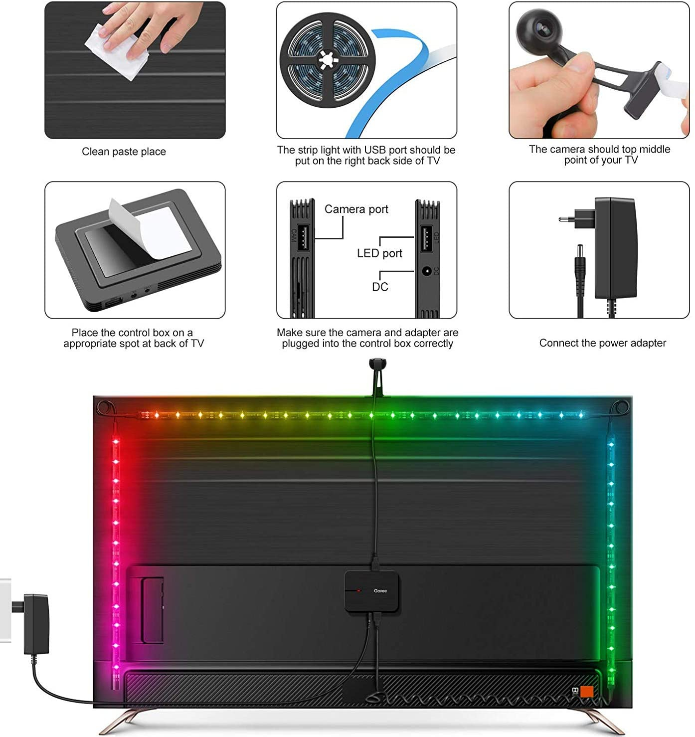 Banda LED Govee DreamView T1 TV Backlight Wi Fi RGBIC Camera ColorSense 1080p HD 75 85 inch 2