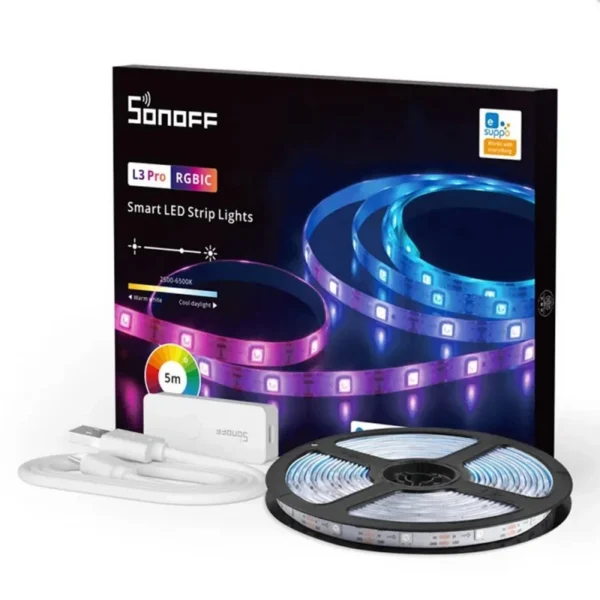 Banda-LED-Sonoff-Wifi-RGBIC-L3-Pro-5m-Smart-Bluetooth-Sincronizare-Muzica-150-LEDm-Alimentare-USB-2.webp Banda LED Sonoff Wifi RGBIC L3-Pro, 5m, Smart, Bluetooth, Sincronizare Muzica, 30 LED/m, Alimentare USB - imagine 1