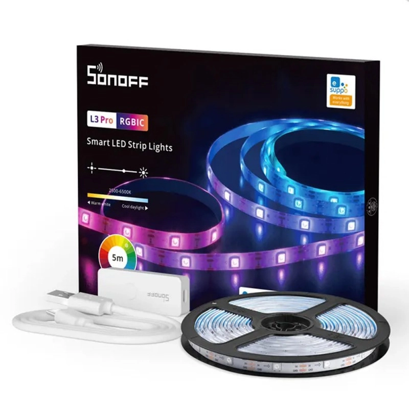 Banda-LED-Sonoff-Wifi-RGBIC-L3-Pro-5m-Smart-Bluetooth-Sincronizare-Muzica-150-LEDm-Alimentare-USB-2.webp Banda LED Sonoff Wifi RGBIC L3-Pro, 5m, Smart, Bluetooth, Sincronizare Muzica, 30 LED/m, Alimentare USB - imagine 1