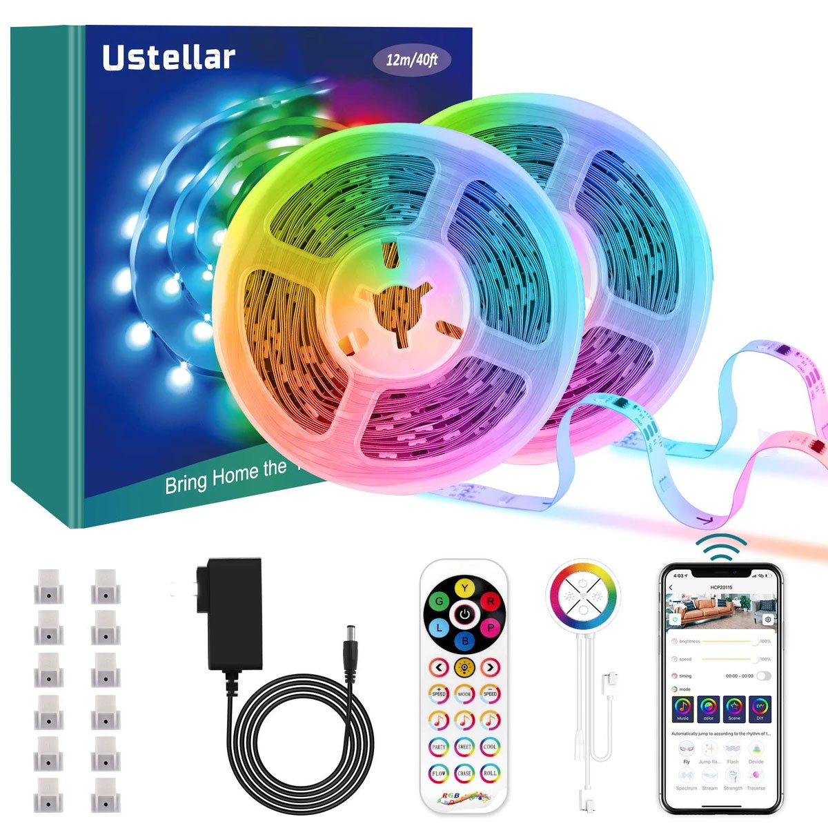 Banda-LED-Ustellar-12M-RGBIC-Sincronizare-Muzica-Smart-Wifi-Telecomanda-Alexa-Google-Assistant-1.jpg Banda LED Ustellar 12m RGBIC, Sincronizare Muzica, Smart, Wifi, Telecomanda, Alexa, Google Assistant - imagine 1