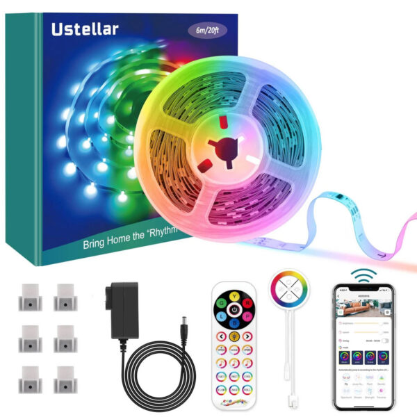Banda LED Ustellar 6M RGBIC, Sincronizare Muzica, Smart, Wifi, Telecomanda, Alexa, Google Assistant - imagine 1