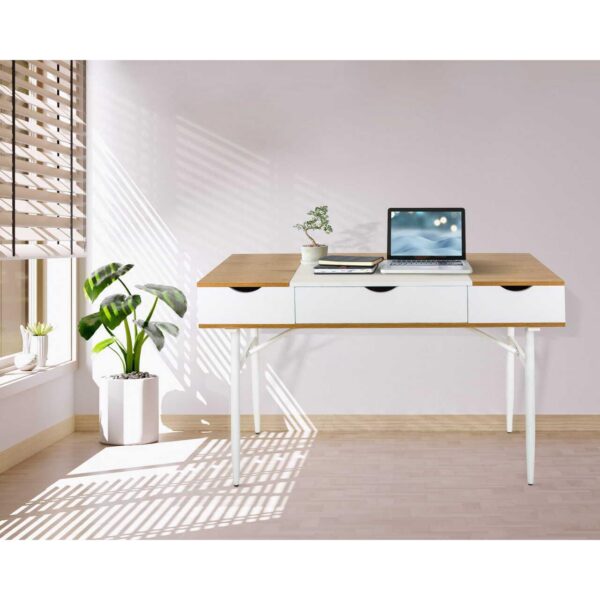 Birou calculator, Jumi, placa MDF, otel, cu sertar, compartimente interioare, alb si natur, 120x60x77 cm - imagine 4