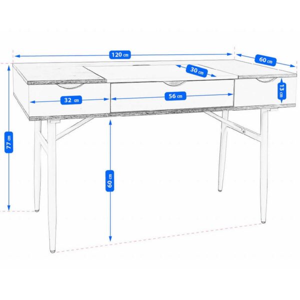 Birou calculator, Jumi, placa MDF, otel, cu sertar, compartimente interioare, alb si natur, 120x60x77 cm - imagine 3