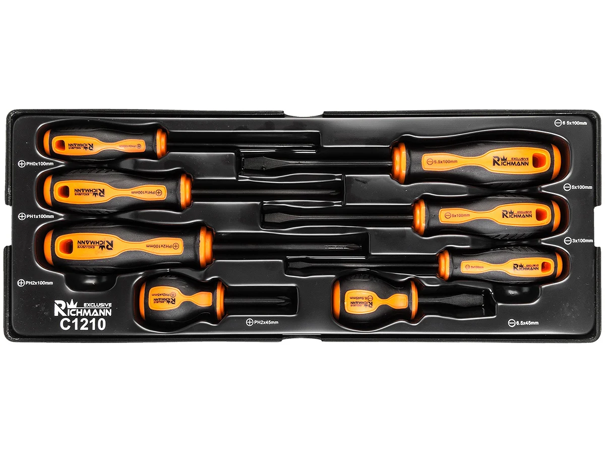 Set surubelnite late si cruce, sertar TIP A (385x150 mm) pentru dulap mobil, PH0-2, 3-6 mm, 45-100 mm, 8 buc, RICHMANN EXCLUSIVE 1 Set surubelnite late si cruce, sertar TIP A (385x150 mm) pentru dulap mobil, PH0-2, 3-6 mm, 45-100 mm, 8 buc, RICHMANN EXCLUSIVE