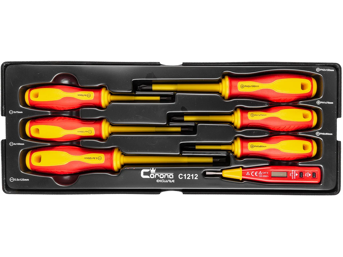 Set surubelnite izolate, late si cruce, cu creion de faza, sertar TIP A (385x150 mm) pentru dulap mobil, PH0-2, 3-5.5 mm, 60-125 mm, 7 elemente, RICHMANN EXCLUSIVE 1 Set surubelnite izolate, late si cruce, cu creion de faza, sertar TIP A (385x150 mm) pentru dulap mobil, PH0-2, 3-5.5 mm, 60-125 mm, 7 elemente, RICHMANN EXCLUSIVE