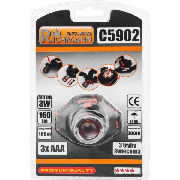 Lanterna de cap cu Zoom, LED CREE, 3 W, 160 lumen, unghi reglabil, RICHMANN EXCLUSIVE - imagine 2