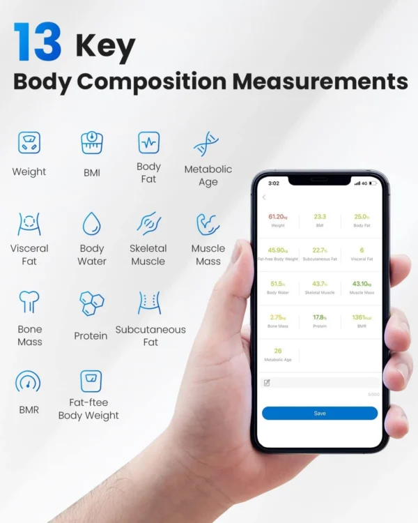 Cantar de baie Smart Renpho 26M, Maxim 180Kg, 13 masuratori, BMI, BMR IMC, Bluetooth, compatibil Fitbit, Apple Health, Google Fit - Alb - imagine 2