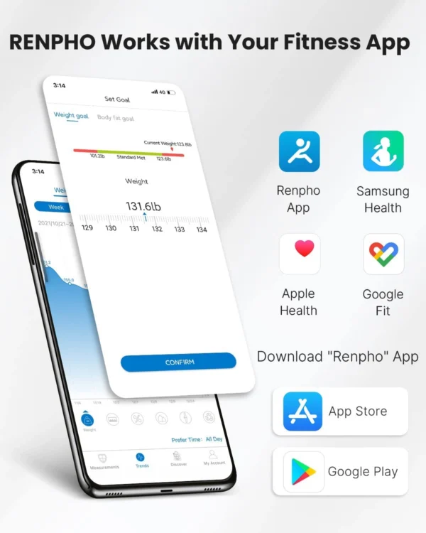 Cantar de baie Smart Renpho 26M, Maxim 180Kg, 13 masuratori, BMI, BMR IMC, Bluetooth, compatibil Fitbit, Apple Health, Google Fit - Alb - imagine 3