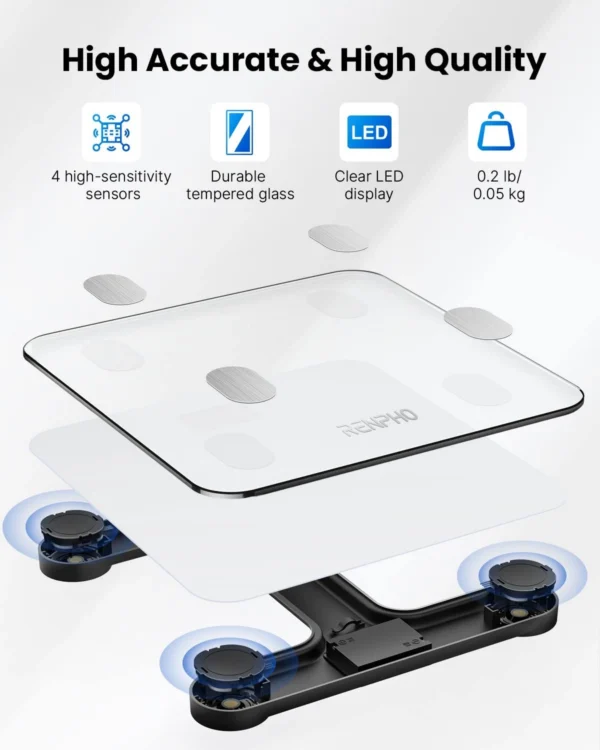 Cantar de baie Smart Renpho 26M, Maxim 180Kg, 13 masuratori, BMI, BMR IMC, Bluetooth, compatibil Fitbit, Apple Health, Google Fit - Alb - imagine 4