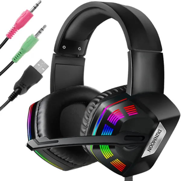 Casti gaming Dunmoon High Tech cu fir, iluminare RGB, sunet clar, microfon ajustabil, negru - imagine 1