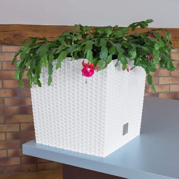 Ghiveci de flori, Prosperplast, Rato Low, patrat, 6.8 L, imitatie ratan, alb, 20x20x20.2 cm - imagine 3