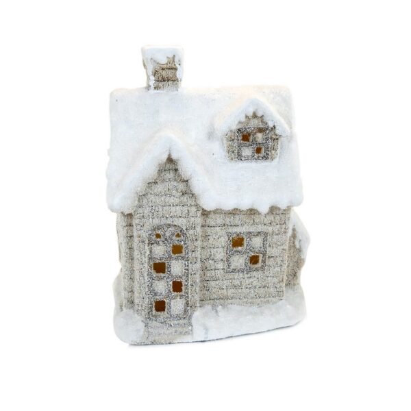 Decoratiune iarna, ceramica, casa cu ferestre luminate, alb si bej, LED, 3xAAA, 25x18x36 cm - imagine 3