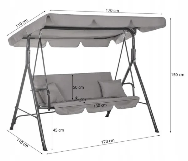 Balansoar gradina, 3 locuri, gri deschis, 170x110x150 cm, Luna - imagine 12