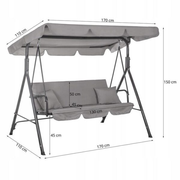 Balansoar gradina, 3 locuri, gri deschis, 170x110x150 cm, Luna - imagine 7