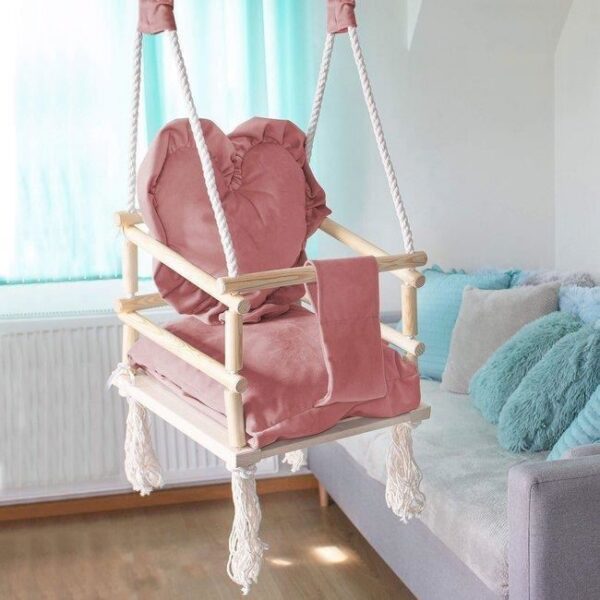 Leagan pentru copii, lemn, perna inima roz, 33.4x34.5x25 cm, Springos - imagine 4