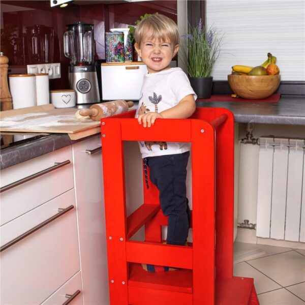 Inaltator multifunctional/ajutor de bucatarie pentru copii, ajustabil, lemn, rosu, 39x52x90 cm, Springos - imagine 6