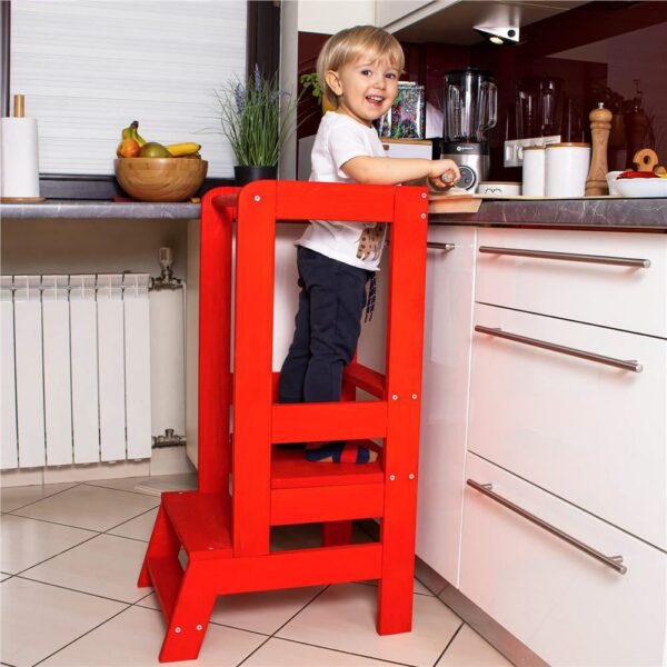 Inaltator multifunctional/ajutor de bucatarie pentru copii, ajustabil, lemn, rosu, 39x52x90 cm, Springos - imagine 9