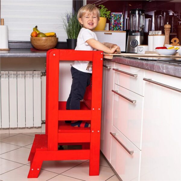 Inaltator multifunctional/ajutor de bucatarie pentru copii, ajustabil, lemn, rosu, 39x52x90 cm, Springos - imagine 8
