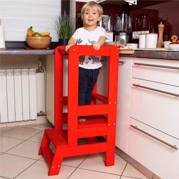 Inaltator multifunctional/ajutor de bucatarie pentru copii, ajustabil, lemn, rosu, 39x52x90 cm, Springos - imagine 7