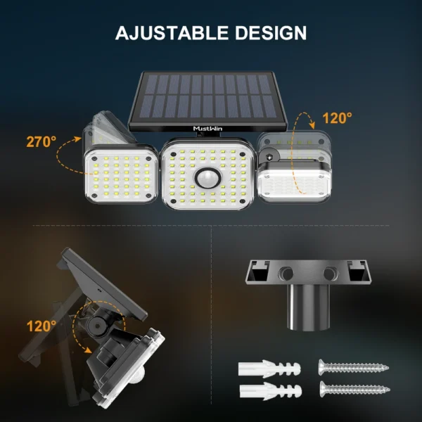 Lampa solara de perete MustWin cu 3 panouri, senzor de miscare, 1000 lm, LED, 112 leduri, 3 moduri, incarcare solara - imagine 5