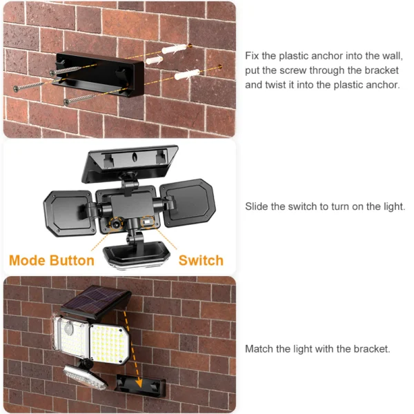 Lampa solara de perete MustWin cu 4 panouri, senzor de miscare, telecomanda, 1400 lm, LED, 182 leduri, 3 moduri, incarcare solara - imagine 7