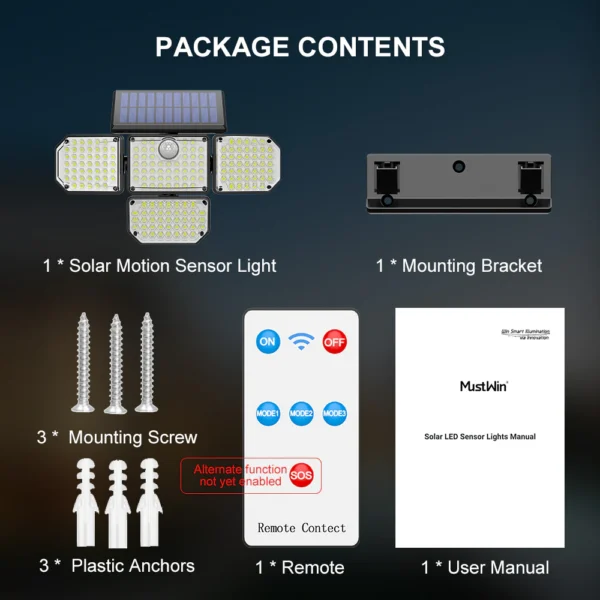 Lampa solara de perete MustWin cu 4 panouri, senzor de miscare, telecomanda, 1400 lm, LED, 182 leduri, 3 moduri, incarcare solara - imagine 8