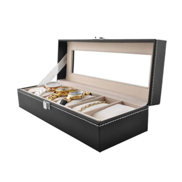 Organizator pentru ceasuri cu 6 compartimente, piele ecologica, negru - imagine 11