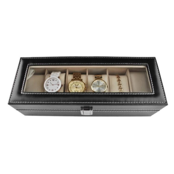 Organizator pentru ceasuri cu 6 compartimente, piele ecologica, negru - imagine 4