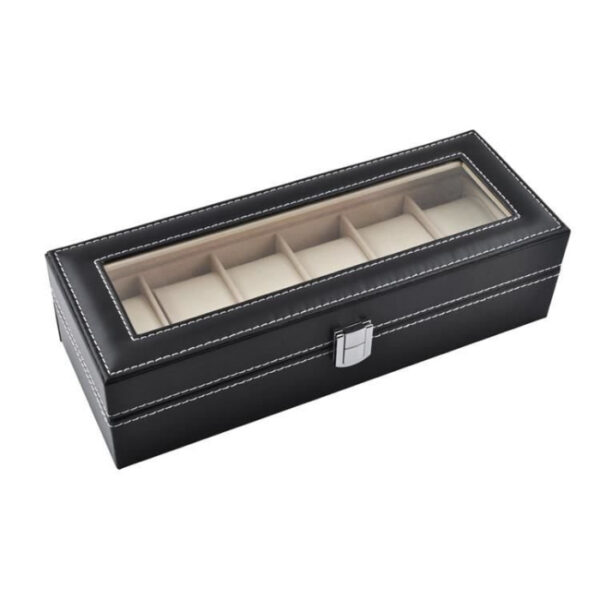 Organizator pentru ceasuri cu 6 compartimente, piele ecologica, negru - imagine 8