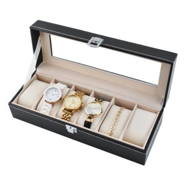 Organizator pentru ceasuri cu 6 compartimente, piele ecologica, negru - imagine 1