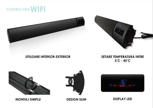 Panou radiant de incalzire cu Infrarosu 1200W control WI FI si telecomanda Interior Exterior display LED negru 21