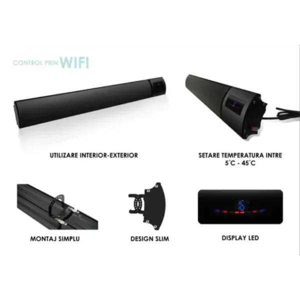 Panou radiant de incalzire cu Infrarosu, 2400W, control WI-FI si telecomanda, Interior-Exterior, display LED, negru - imagine 5