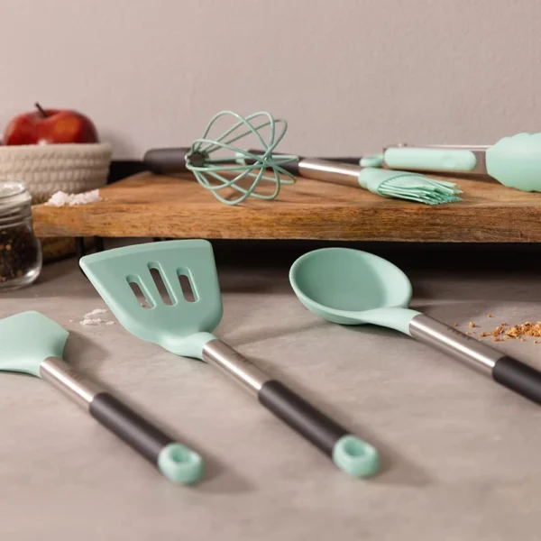 Set 9 ustensile Cecotec Polka Experience de bucatarie din silicon termorezistent, maner din Inox, albastru pastel - imagine 2