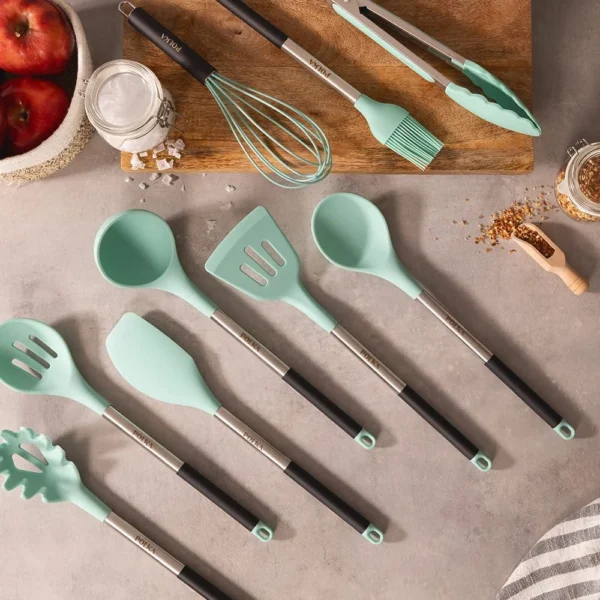 Set 9 ustensile Cecotec Polka Experience de bucatarie din silicon termorezistent, maner din Inox, albastru pastel - imagine 3